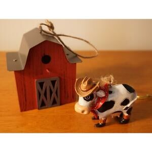 Amish Barn Farm Home & Country Western Cowboy Hat Cow Christmas Ornament Set